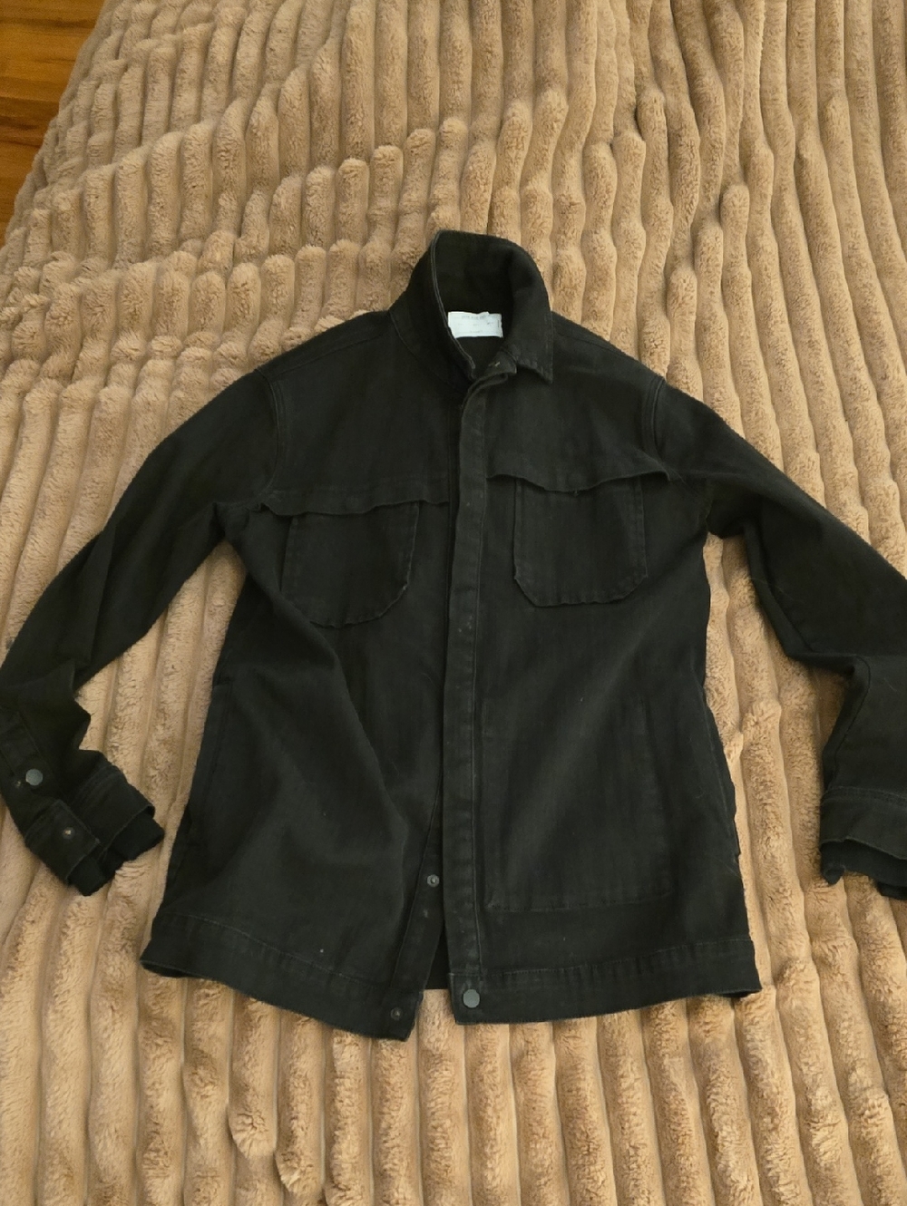 Zara Black Denim Military Field Jacket with Chest Pockets